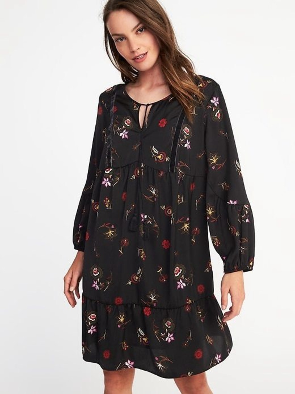 Old Navy Black Floral Dress with Velvet Trim